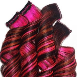 Pink Burgundy Amber Copper Double Drawn Clip in Remy Human Hair Extensions